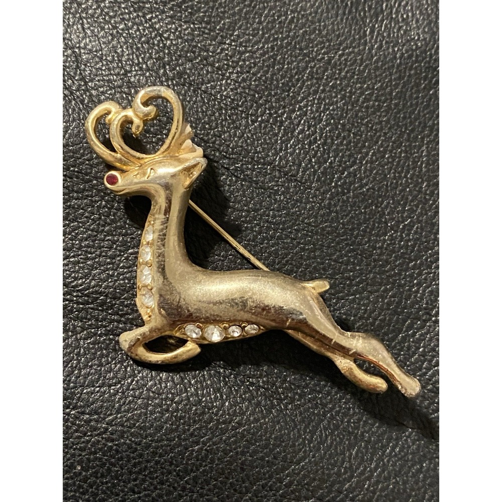 Rudolph the Red Nose Reindeer Pin Gold Tone Vintage Brooch Perfect Christmas Pin